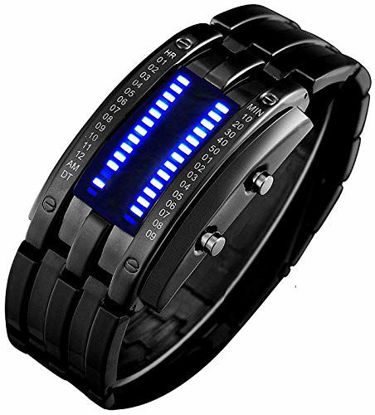 Picture of Binary Matrix Blue LED Digital Waterproof Watch Mens Classic Creative Fashion Black Plated Wrist Watches (Black Blue)