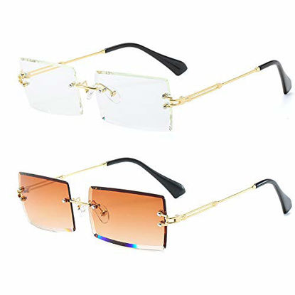 Picture of Dollger 2PCS Rimless Rectangle Sunglasses for Women Fashion Frameless Square Glasses for Men Ultralight UV400 Eyewear Brown+transprent