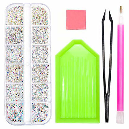 Picture of 2320 Pieces Crystals Glass AB Nail Art Rhinestones, SS4/5/6/8/10/12 Mixed Nail Gems Stones, Flat Back Round Nail Diamonds with Storage Organizer Box/Picker Pencil/Tweezers for Face Clothes Shoes Decor