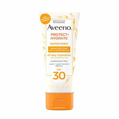 Picture of Aveeno Protect + Hydrate Moisturizing Body Sunscreen Lotion With Broad Spectrum Spf 30 & Prebiotic Oat, Weightless & Refreshing Feel, Paraben-free, Oil-free, Oxybenzone-free, 3.0 ounces