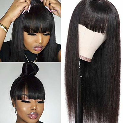 Picture of Liwihas Silky Brazilian Virgin Straight Human Hair Wigs with Bangs 130% Density None Lace Front Wigs Glueless Machine Made Wigs for Black Women Natural Color (14inch, Straight Wigs)
