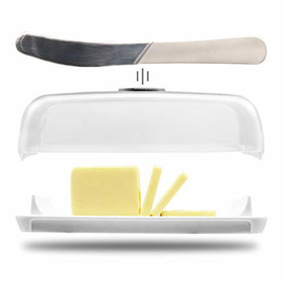 Picture of Butter Hub Butter Dish with Lid and Knife, Magnetic Butter Keeper, Easy Scoop, No Mess Lid, Plastic, Dishwasher Safe (Clear)
