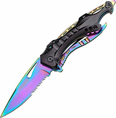 Picture of TAC Force- Spring Assisted Folding Pocket Knife - Rainbow TiNite Coated Stainless Steel Blade with Black Aluminum Handle, Bottle Opener, Glass Punch and Pocket Clip, Tactical, EDC, Rescue - TF-705RB