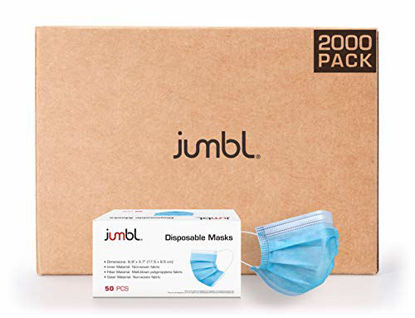 Picture of Jumbl Blue Disposable Face Masks Pack of 2000 | Protective 3-Ply Breathable Comfortable Nose/Mouth Coverings for Home & Office | Elastic Ear Loop 3-Layer Safety Shield for Adults/Kids | Ships from USA