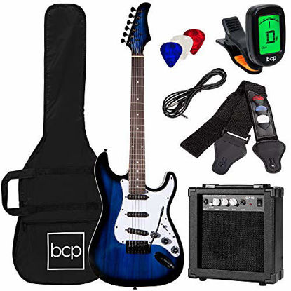 Picture of Best Choice Products 39in Full Size Beginner Electric Guitar Starter Kit w/Case, Strap, 10W Amp, Strings, Pick, Tremolo Bar - Hollywood Blue
