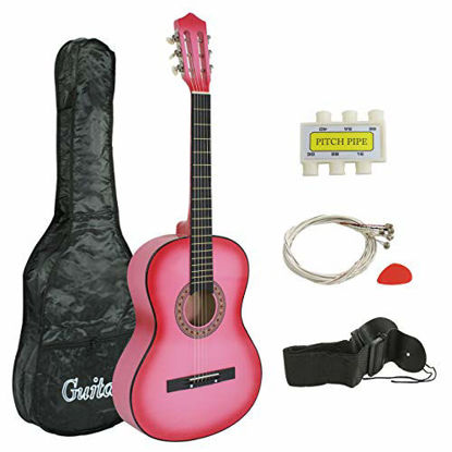 Picture of Smartxchoices 38" Kids Pink Acoustic Guitar Bundle Kit for Starter Beginner Music Lovers, Six-String Folk Guitar with Gig Bag, Extra Set Steel Strings, Strap, Pitch Pipe and Pick