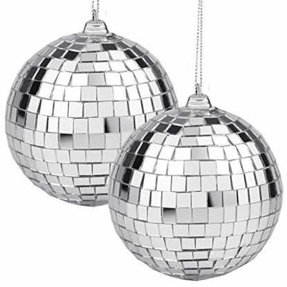 Picture of 2 Pieces Disco Mirror Balls Silver Hanging Ball for 50s 60s 70s Disco DJ Light Effect Party Home Decoration Stage Props School Festivals Party Favors and Supplies 4 Inch