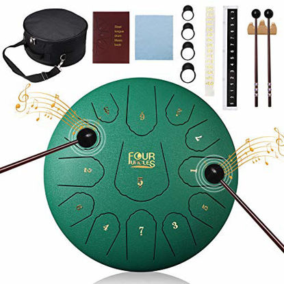 Picture of FOUR UNCLES Steel Tongue Drum, Percussion Instrument Handpan Drum C/D Key with Bag, Music Book and Mallets for Meditation Entertainment Musical Education Concert Yoga (12 inch, Green)