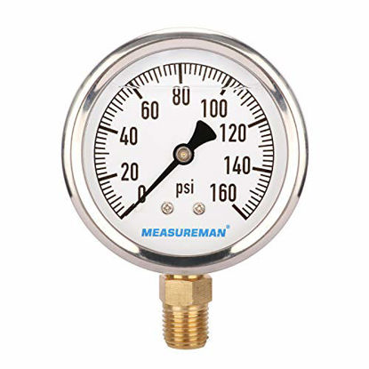 Picture of MEASUREMAN 2-1/2" Dial Size, Glycerin Filled Plumbing Pressure Gauge, 0-160psi, Stainless Steel Case, 1/4"NPT Lower Mount