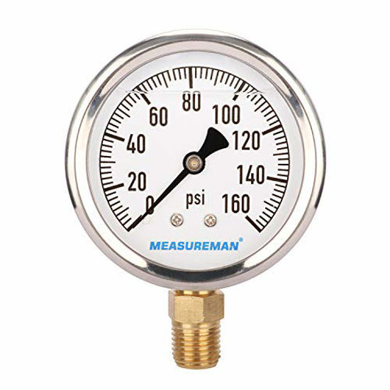 Picture of MEASUREMAN 2-1/2" Dial Size, Glycerin Filled Plumbing Pressure Gauge, 0-160psi, Stainless Steel Case, 1/4"NPT Lower Mount