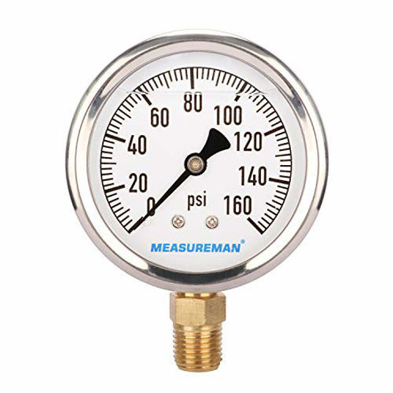 Picture of MEASUREMAN 2-1/2" Dial Size, Glycerin Filled Plumbing Pressure Gauge, 0-160psi, Stainless Steel Case, 1/4"NPT Lower Mount