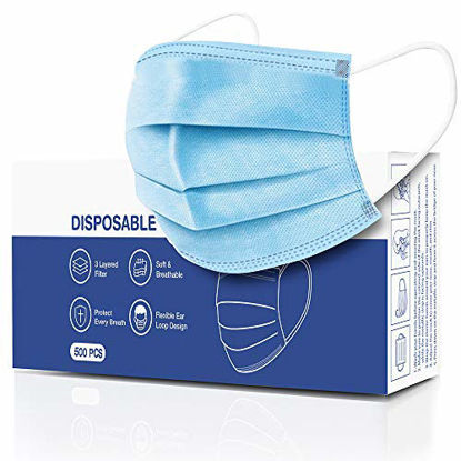 Picture of CandyCare Disposable Face Masks, Pack of 500 - Dust Particle 3-Layer Design with Earloop Protective Cover