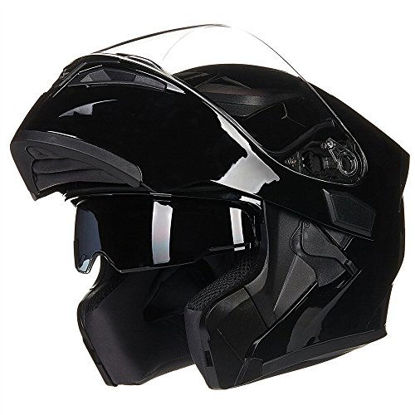 Picture of ILM Motorcycle Dual Visor Flip up Modular Full Face Helmet DOT 6 Colors (L, GLOSS BLACK)