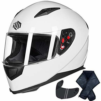 Picture of ILM Full Face Motorcycle Street Bike Helmet with Removable Winter Neck Scarf + 2 Visors DOT (M, White)