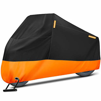 Picture of Puroma Motorcycle Cover, XXX-Large Waterproof Motorbike Cover Outdoor Indoor Scooter Shelter Protection with 4 Reflective Strips for Harley Davidson, Honda, Suzuki, Kawasaki, Yamaha (Black & Orange)