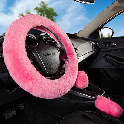 Picture of Yontree Fashion Fluffy Steering Wheel Covers for Women/Girls/Ladies Australia Pure Wool 15 Inch1 Set 3 Pcs(Pink)