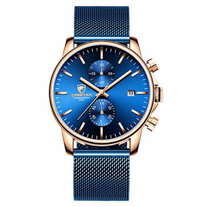 Picture of Mens Watch Fashion Sleek Minimalist Quartz Analog Mesh Stainless Steel Waterproof Chronograph Watches, Auto Date in Gold Hands, Color: Rose Gold Tone Blue