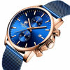 Picture of Mens Watch Fashion Sleek Minimalist Quartz Analog Mesh Stainless Steel Waterproof Chronograph Watches, Auto Date in Gold Hands, Color: Rose Gold Tone Blue