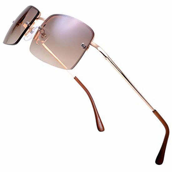 Picture of The Fresh Minimalist Small Rectangular Sunglasses Clear Eyewear Spring Hinge - Gift Box Package (301-Gold, Gradient Brown, 57)