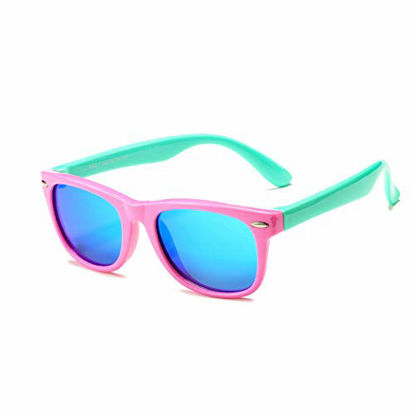 Picture of AZORB Kids Polarized Sunglasses TPEE Rubber Flexible Frame for Boys Girls Age 3-10, 100% UV Protection (Pink green/blue mirrored)