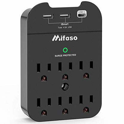 Picture of Wall Outlet Surge Protector Power Strip, Multi Plug Outlet Extender, 6-Outlets 3 USB 4.5A Mountable Wall Adapter with Type C Port Phone Holder for Office Home Christmas Gift(490 Joules, Black)