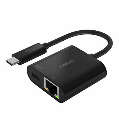 Picture of Belkin USB-C to Ethernet Adapter + Charge (60W Passthrough Power for Connected Devices, 1000 Mbps Ethernet Speeds) MacBook Pro Ethernet Adapter (INC001btBK)