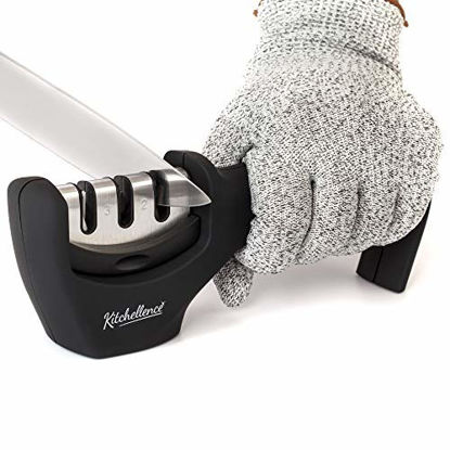 Picture of 2-in-1 Kitchen Knife Accessories: 3-Stage Knife Sharpener Helps Repair, Restore and Polish Blades and Cut-Resistant Glove