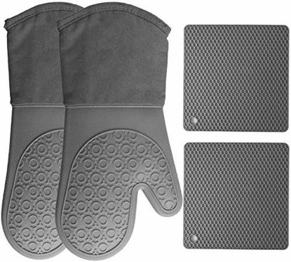 Picture of HOMWE Silicone Oven Mitts and Pot Holders, 4-Piece Set, Heavy Duty Cooking Gloves, Kitchen Counter Safe Trivet Mats, Advanced Heat Resistance, Non-Slip Textured Grip, Gray