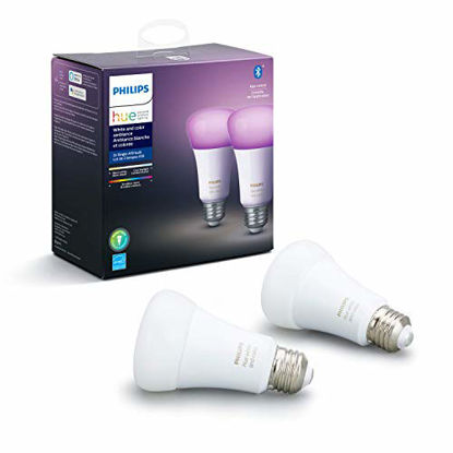 Picture of Philips Hue White and Color Ambiance 2-Pack A19 LED Smart Bulb, Bluetooth & Zigbee Compatible (Hue Hub Optional), Works with Alexa & Google Assistant - A Certified for Humans Device