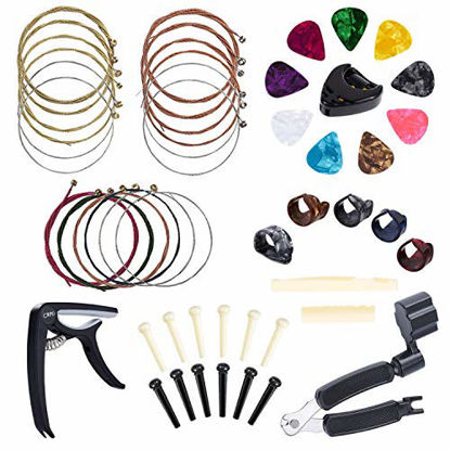 Picture of Benvo Guitar Accessories Kit 49 Pieces Guitar Tool Changing Kit Including Guitar Picks, Capo, Acoustic Guitar Strings, String Winder, Bridge Pins, Pin Puller, Guitar Bones & Pick Holder, Finger Picks 