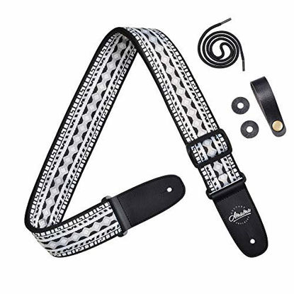 Picture of Amumu Hootenanny Embroidery Guitar Strap Black White Cotton for Acoustic, Electric and Bass Guitars with Strap Blocks & Headstock Strap Tie - 2" Wide