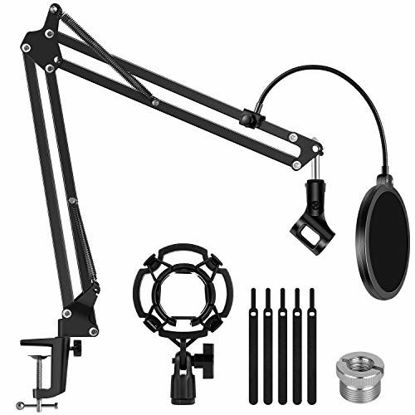 Picture of InnoGear Microphone Stand for Blue Yeti Adjustable Suspension Boom Scissor Arm Stand with 3/8"to 5/8" Screw Adapter Shock Mount Windscreen Pop Filter Mic Clip Holder Cable Ties