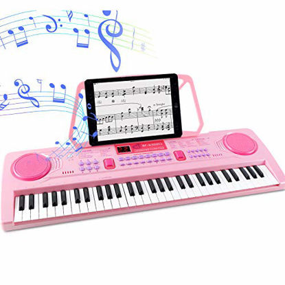 Picture of WOSTOO Electric Keyboard Piano for Kids-Portable 61 Key Electronic Musical Karaoke Keyboard, Learning Keyboard for Children w/Drum Pad, Recording, Microphone, Pink