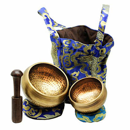 Picture of Tibetan Singing Bowls Set. 2 bowls: 4 inches & 3.15 inch, Mallet, Ring Cushions and Nepal Cloth Bag. Great for Meditation, Yoga, Relaxation, and Healing. Increase mindfulness. Deep Sound.