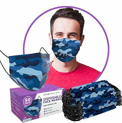 Picture of Camo Face Mask for Men (50 Pack) - Premium 3-Ply Disposable Mens Face Mask with Comfortable Earloops & Adjustable Metal Nose Strip