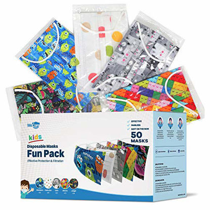 Picture of WeCare Disposable Face Masks For Kids, 50 Printed Fun Pack, Individually Wrapped