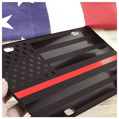 Picture of Firefighter Thin Red Line Subdued Almost Invisible American Flag License Plate Matte Black on 1/8" Black Aluminum Composite Heavy Duty Tactical USA Car Tag
