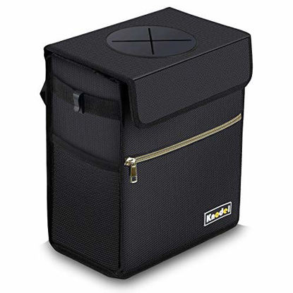 Picture of Knodel Car Trash Can with Lid, Leak-Proof Car Garbage Can with Storage Pockets, Waterproof Auto Garbage Bag Hanging for Headrest (Large, Black)