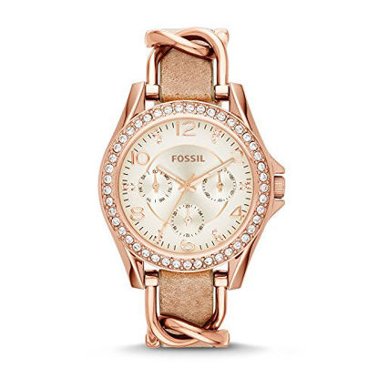 Picture of Fossil Women's Riley Quartz Leather Multifunction Watch, Color: Rose Gold, Tan (Model: ES3466)