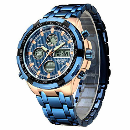 Picture of GOLDEN HOUR Luxury Stainless Steel Analog Digital Watches for Men Male Outdoor Sport Waterproof Big Heavy Wristwatch (Rose Gold Blue)