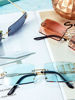 Picture of 3 Pairs Rimless Rectangle Sunglasses Tinted Frameless Eyewear Vintage Transparent Rectangle Glasses for Women Men (Grey, Tea and Blue)
