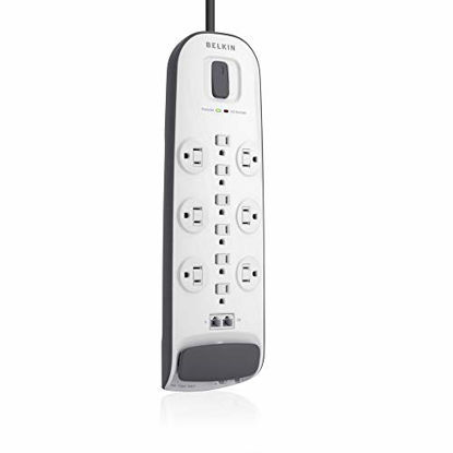 Picture of Belkin 12-Outlet Advanced Power Strip Surge Protector, 8ft Cord and Ethernet, Cable, Satellite,Telephone and Coaxial Protection, 4000 Joules, White