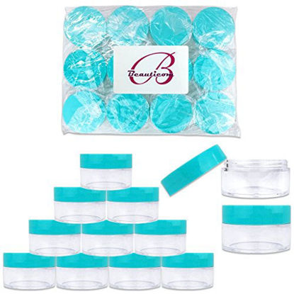 Picture of Beauticom 20 gram/20ml Empty Clear Small Round Travel Container Jar Pots with Lids for Make Up Powder, Eyeshadow Pigments, Lotion, Creams, Lip Balm, Lip Gloss, Samples (12 Pieces, Teal)