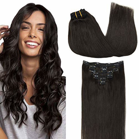 Picture of GOO GOO Hair Extensions Clip in Human Hair Dark Brown 14 Inch 120g 7pcs Remy Clip in Hair Extensions Real Natural Hair Straight Thick