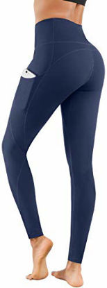 Picture of Lingswallow High Waist Yoga Pants - Yoga Pants with Pockets Tummy Control, 4 Ways Stretch Workout Running Yoga Leggings (Navy, Large)