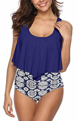 Picture of SouqFone Sexy Swimsuits for Women Floral Printed Bathing Suit High Waisted Slimming Beachwear - XL, NavyBlue