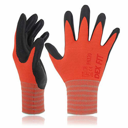 Picture of DEX FIT Gardening Work Gloves FN320, 3D Comfort Stretch Fit, Power Grip, Thin Lightweight, Durable Foam Nitrile Coating, Machine Washable, Red Large 3 Pairs Pack