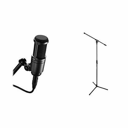 Picture of Audio-Technica AT2020 Cardioid Condenser Studio XLR Microphone, Black, Ideal for Project/Home Studio Applications & Amazon Basics Tripod Boom Microphone Stand