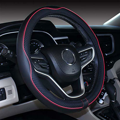 Picture of Microfiber Leather Car Medium Steering wheel Cover (14.5''-15'',Black Red)