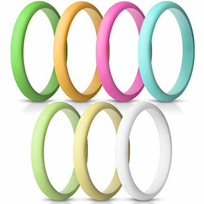 Picture of ThunderFit Women's Thin and Stackable Silicone Rings Wedding Bands - 7 Pack 2.5mm Width - 2mm Thick (White, Yellow Green, Deep Pink, Blue, Yellow, Orange, Green, 5.5-6 (16.5mm))